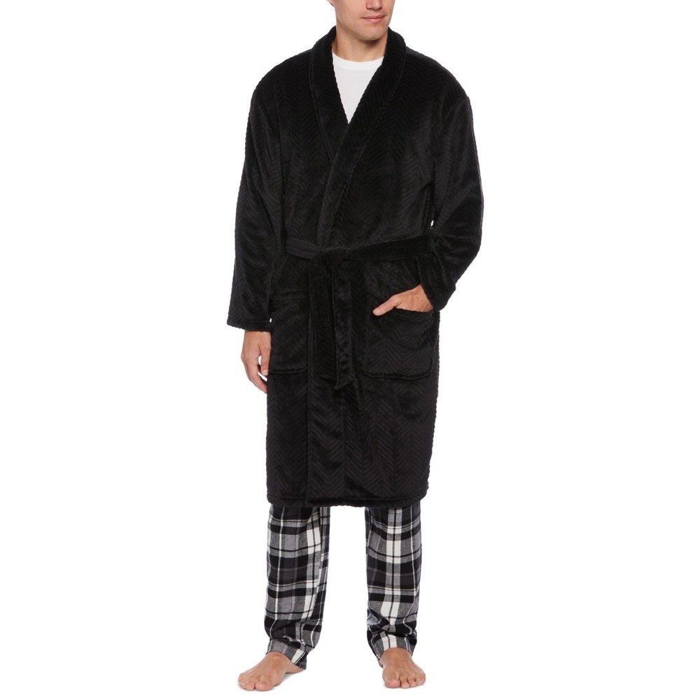 Perry Ellis Mens Robe Black Plush Fleece Shawl Collar Chevron Textured NWT